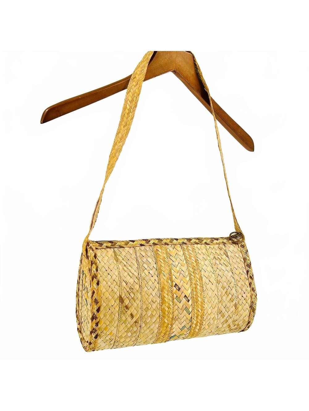 Vintage 80s Tan Woven Straw Raffia Barrel Shoulder Bag